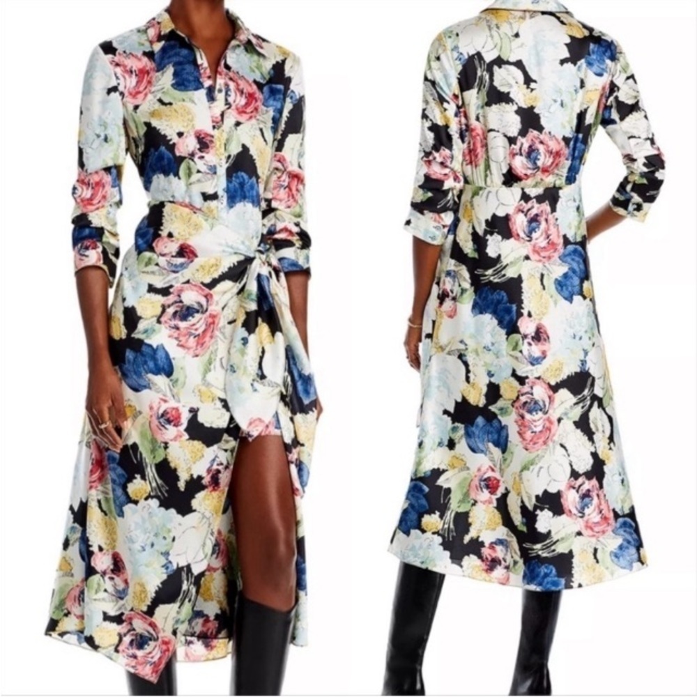 Floral Midi Shirtdress with Tie Waist - Multicolor
